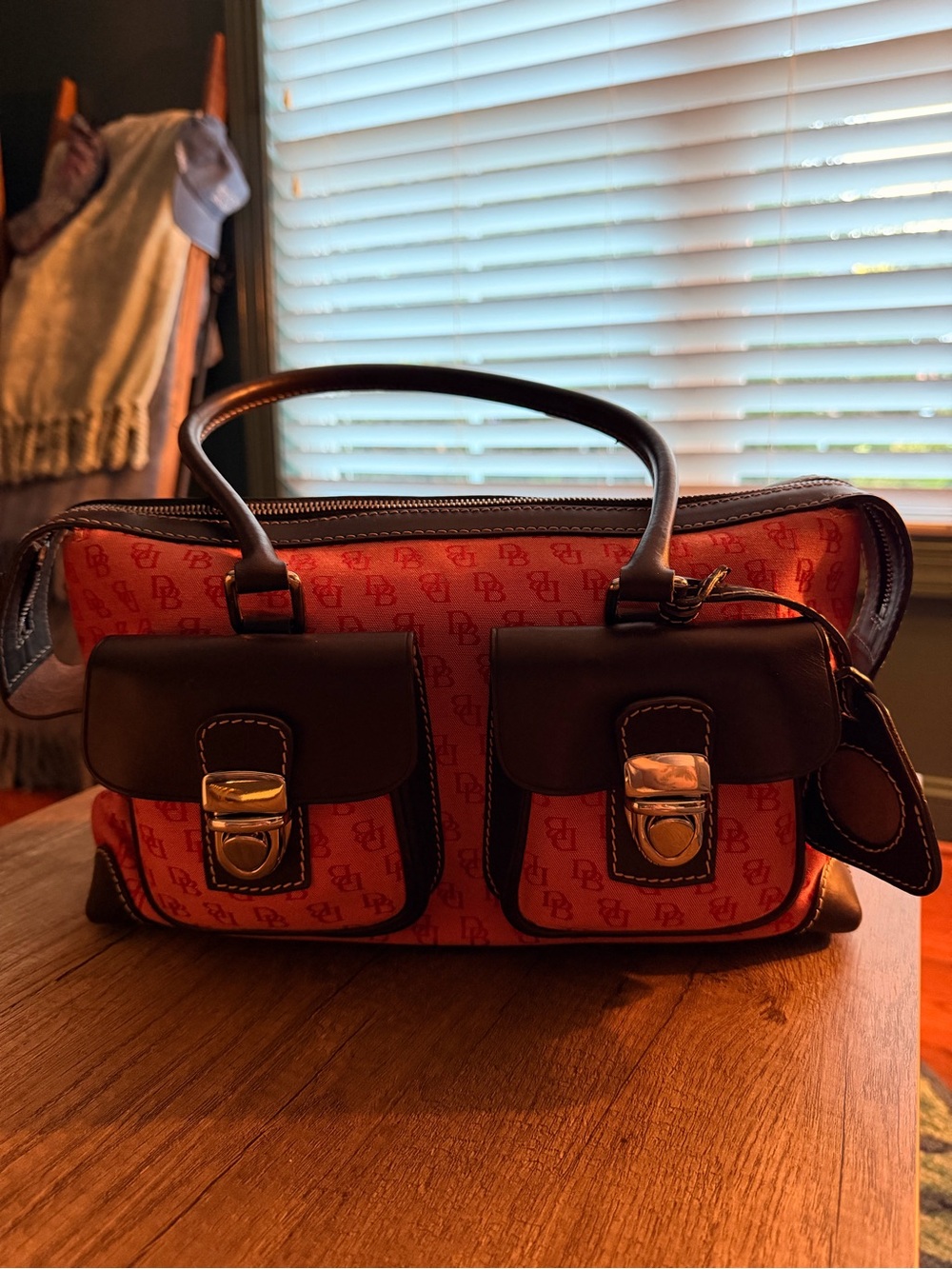 Dooney & Bourke Red and Brown Logo Satchel with Many Pockets